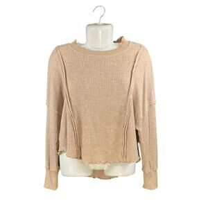 Umgee Women's Light Beige Waffle Knit Long Sleeve Ruffle Neck Pullover Sweater S